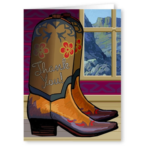 Stonehouse Collection Thank You Western Cowboy Boot Note Card - 10 Boxed Cards & Envelopes - Desert Scene (Standard)