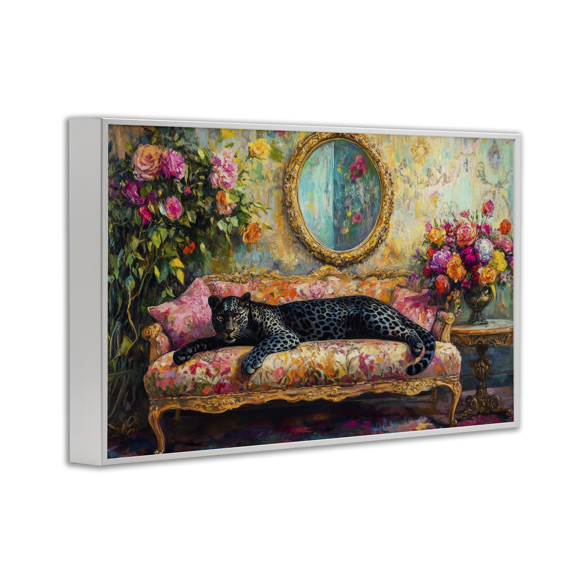 Stupell Industries Lounging Leopard on Floral Sofa White Framed Giclee Art, design by Petal Prints Design