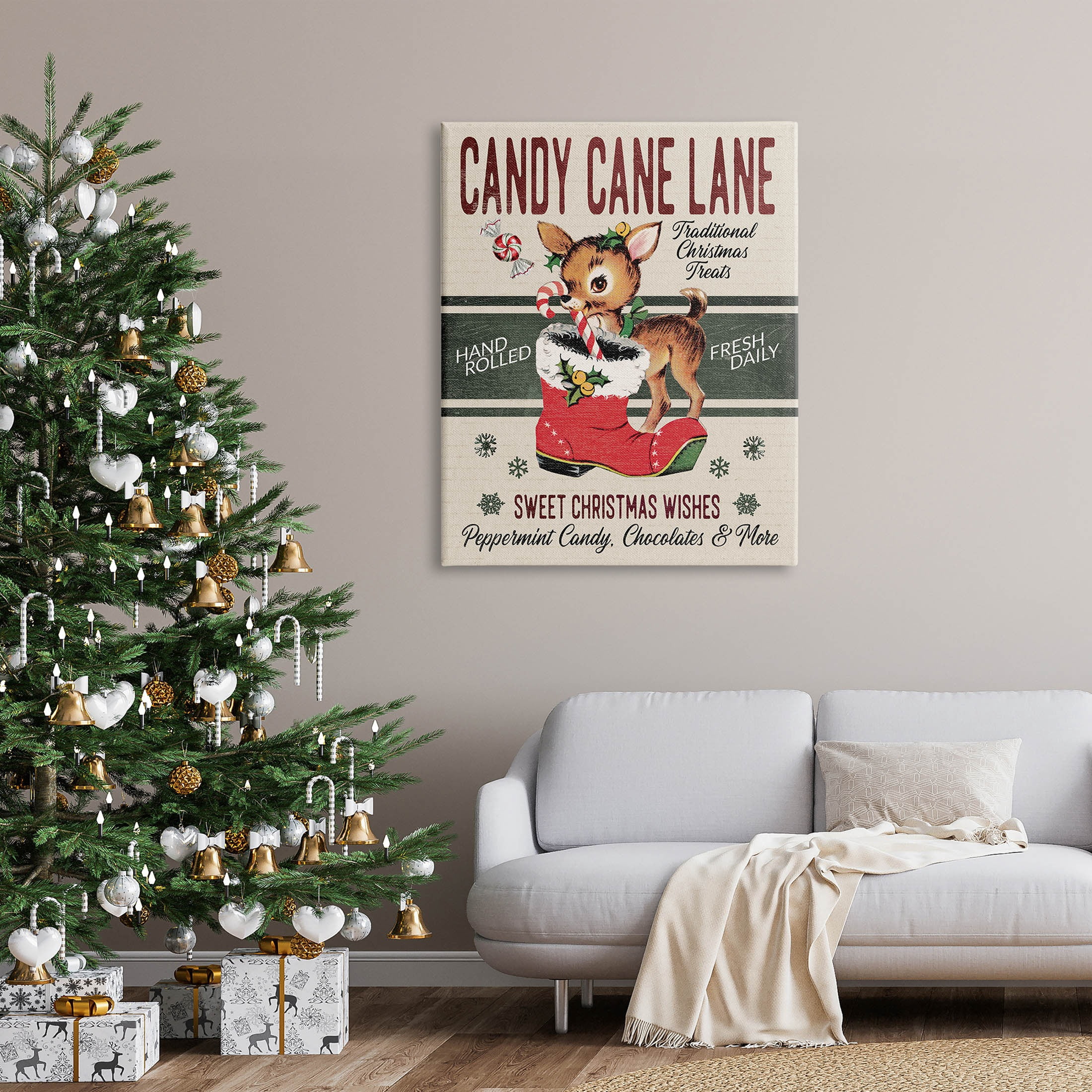 Candy Cane Lane Vintage Reindeer Boot Holiday Graphic Art Gallery Wrapped Canvas Print Wall Art