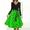 thumbnail image 4 of WTOBBY Women's Flared Halloween Dress Stylish with Bat and Pumpkin Print, V-Neck, Long Sleeves, Hollow Party Design for Casual Retro Fashion Wear ,Green L, 4 of 4