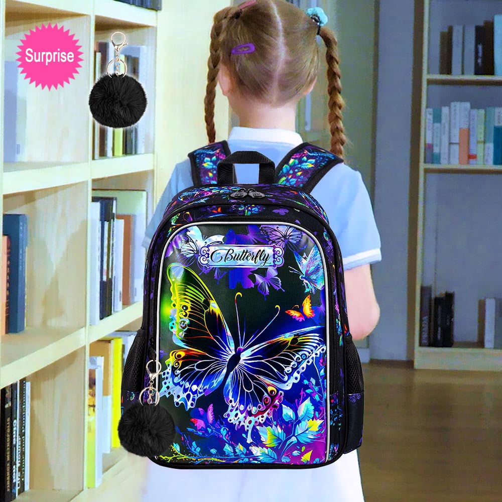 AGSDON 16" Butterfly Backpack for Girls, 3Pcs School Bookbag with Lunch Box, Kids Backpacks Set for Elementary Preschool Kindergarten(Black)