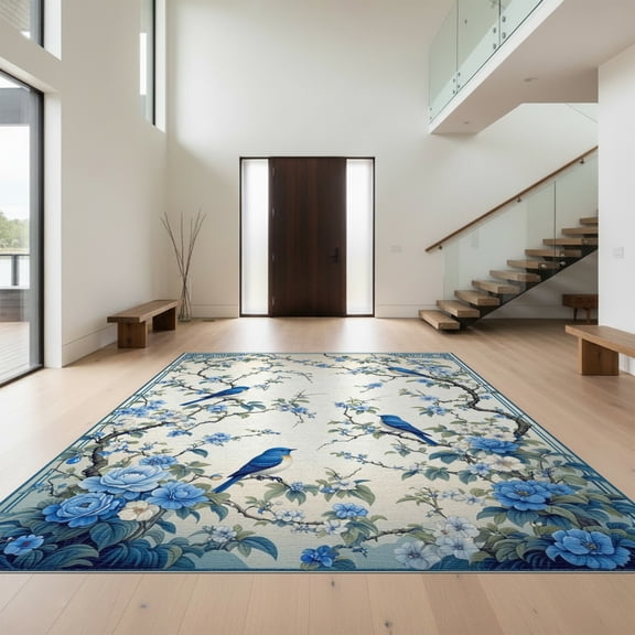 Design&I 8'x10' Washable Area Rug Extra Large Skid-Resistant Low Profile Chinoiserie Songbird Blossoms Scrolling Vine Border Decorative for Living Room, Family