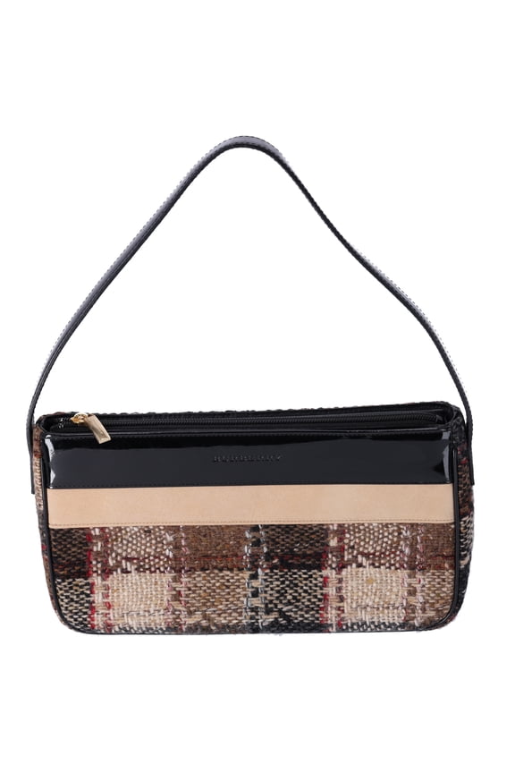 Pre-Owned Burberry Shoulder Bag Beige Black Multi Tweed Patent Leather Suede