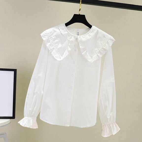 Little Girls Long Sleeve Shirts Tops Kids Elegant Ruffled Button Down Shirts School Tops Size 5-6T ,White