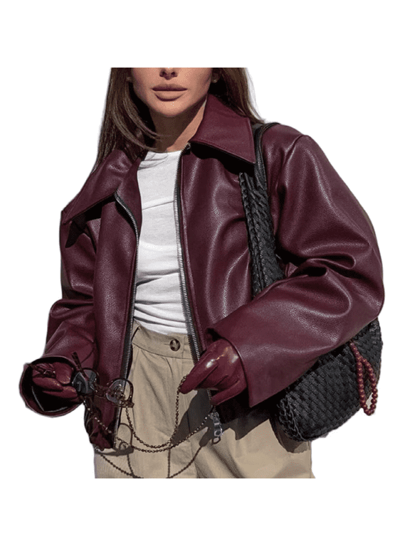 Pre-Owned Autumn Winter New Women's Wine Red Faux Leather Jacket - Loose Fit Retro - Chic Fashion Outerwear, Stylish Zip - Up Casual Coat with Lapel Collar, Trendy Warm Short Jacket for Ladies