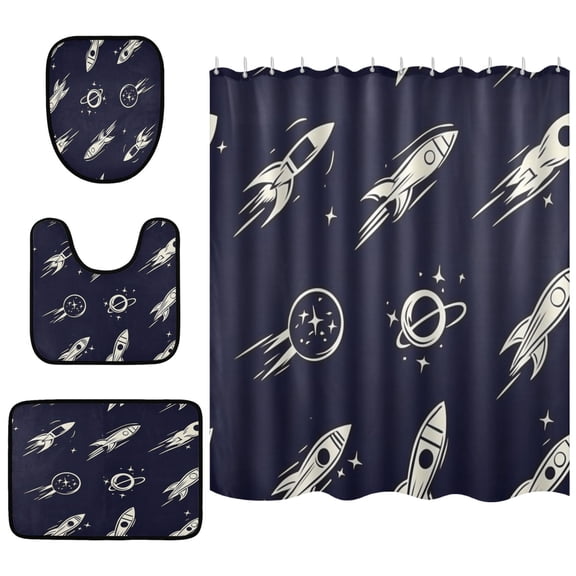 Space Adventure Bathroom Accessory Curtain Sets Bath Curtain Anti-Slip Mats and Toilet Pad 66x72in