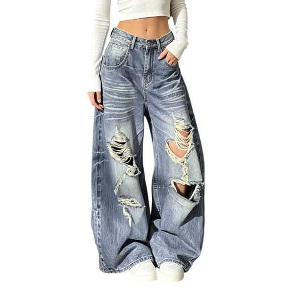 XFeng Women High Waist Ripped Wide Leg Jeans Vintage Distressed Denim Pants