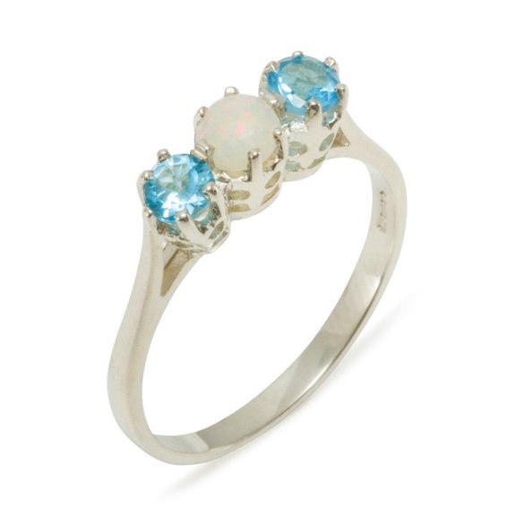 LBG 925 Sterling Silver Natural Opal & Blue Topaz Womens Anniversary Ring - Size 10