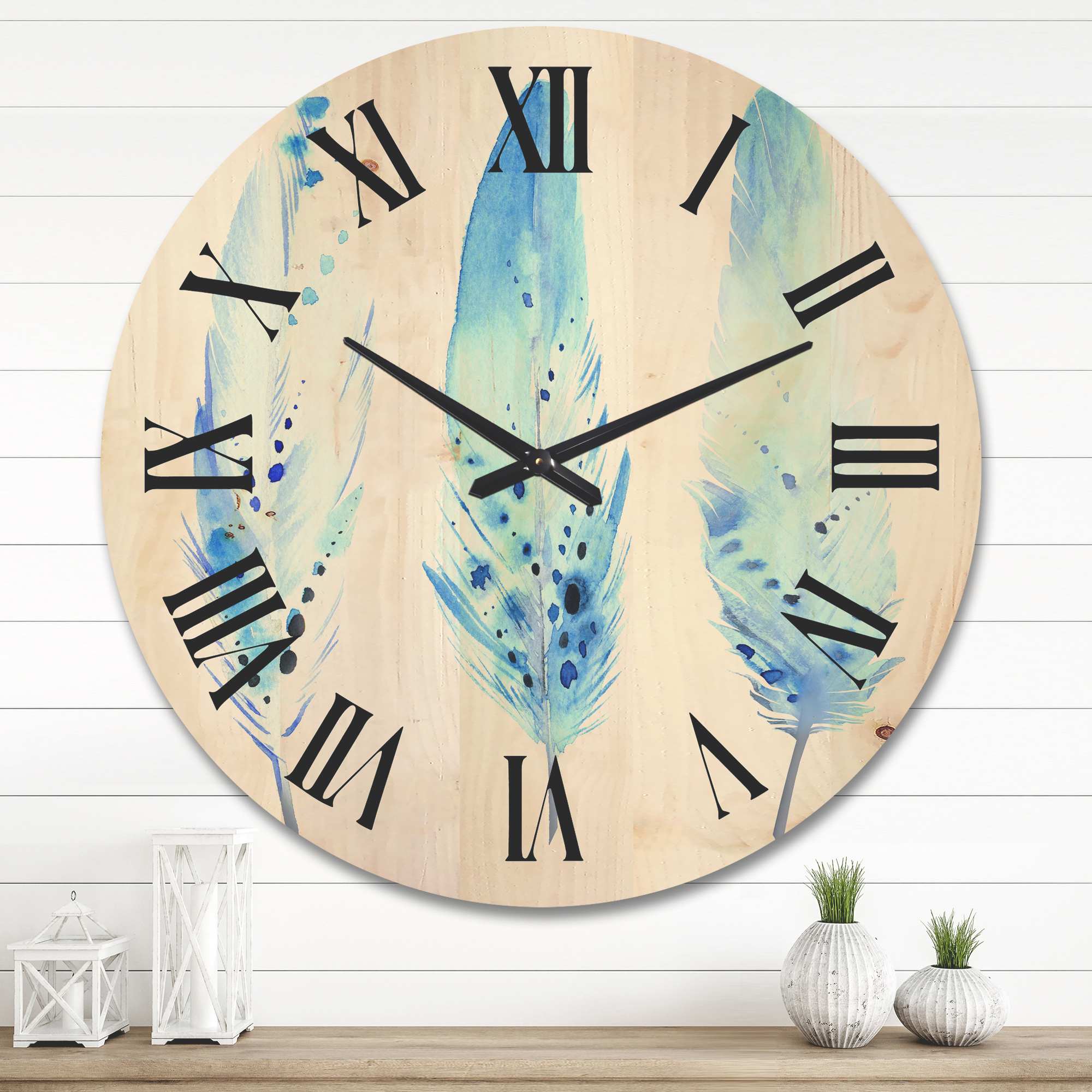 Designart 'Abstract Blue Boho Feathers II' Lake House Wood Wall Clock