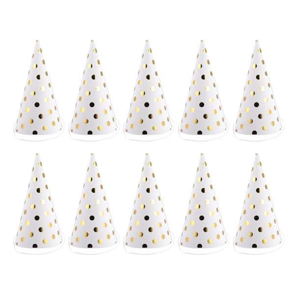 GOOHOCHY 10 tocados triangulares para fiesta de cumpleaños infantil, sombreros de fiesta, decoración a rayas, suministros para fiestas (fondo de lunares, dorado)