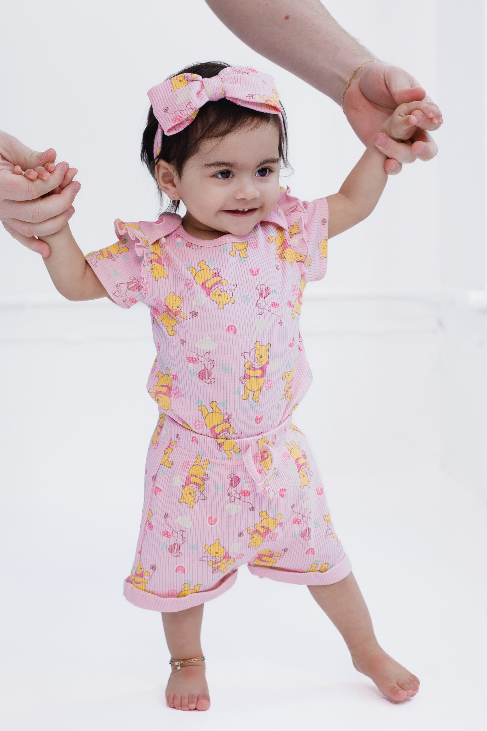 Disney Winnie the Pooh Piglet Ribbed Bodysuit, Shorts and Headband 3 Piece Outfit Set Newborn to Infant