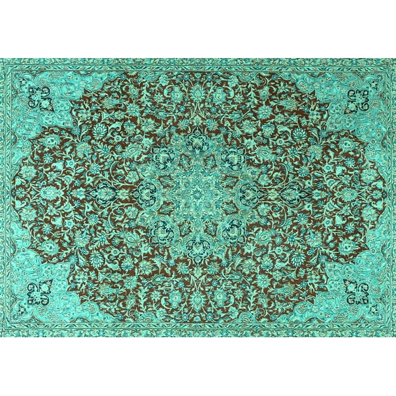 Ahgly Company Machine Washable Indoor Rectangle Medallion Turquoise Blue Traditional Area Rugs, 5' x 7'