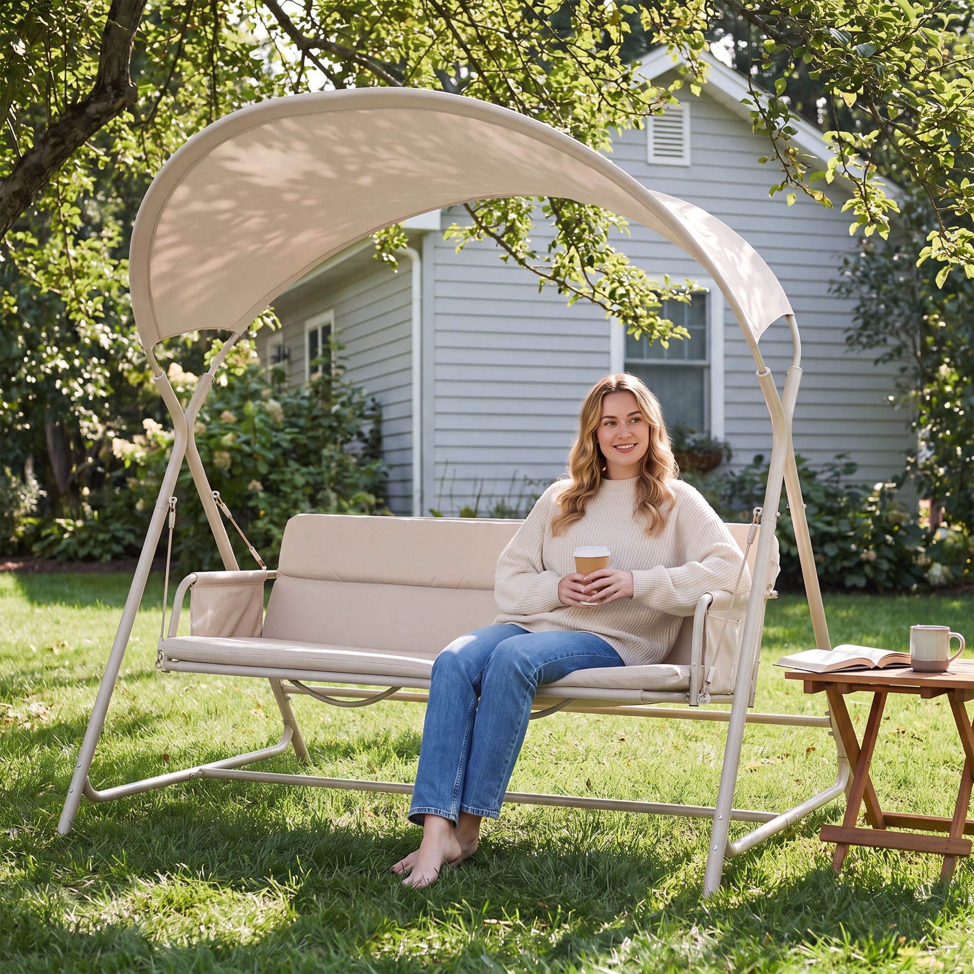 3-Person Outdoor Patio Swing Chair, Heavy-Duty Metal Frame Garden Porch Swing with Cushion