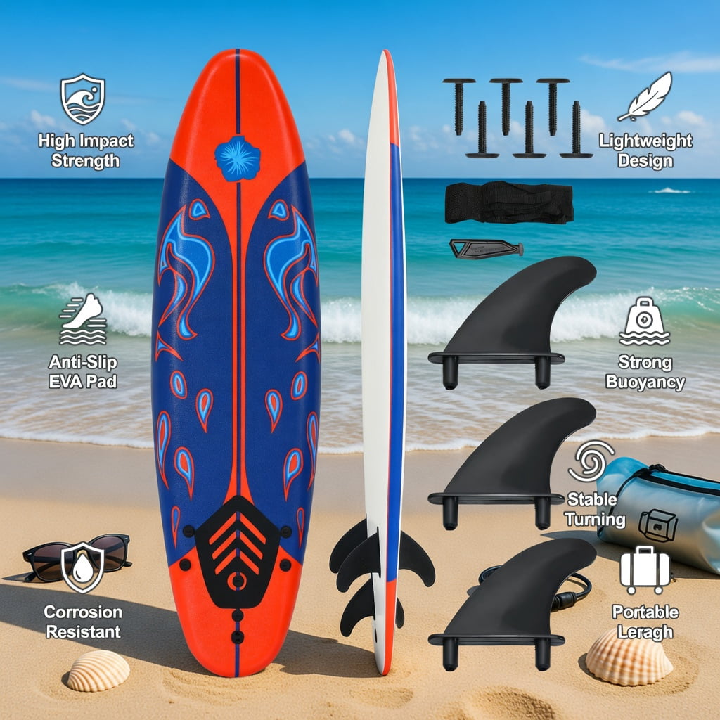 Topcobe 6 Feet Surfboard with 3 Detachable Fins, Standup Paddle