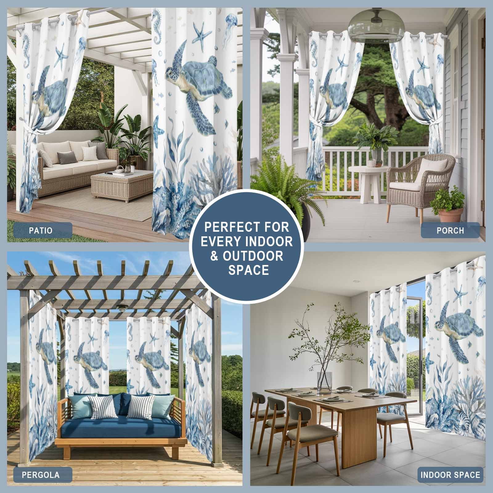 Marine Life Outdoor Curtains for Patio, Watercolor Ocean Turtle Coral Starfish Seashell Coastal Sunshade Privacy Drapes Grommet Waterproof Outside Curtains for Porch/Cabana/Balcony 54"x 108", 1 Panel