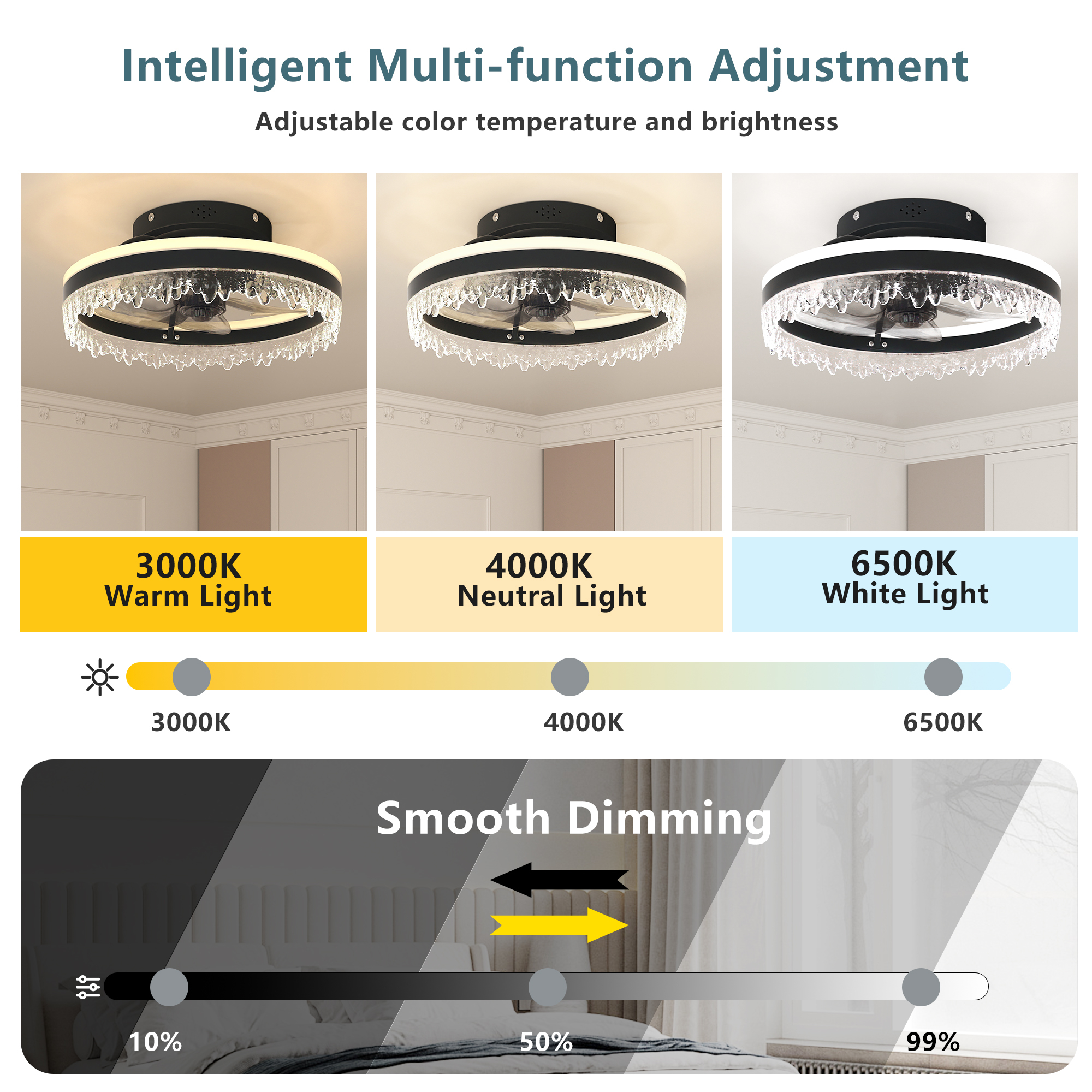 Leumius Modern LED Ceiling Fan with Light, 16In Dimmable Ceiling Light with Invisible Blades and Crystal Design, Remote Control & Adjustable Color Temperature for Bedroom, Living Room,Black