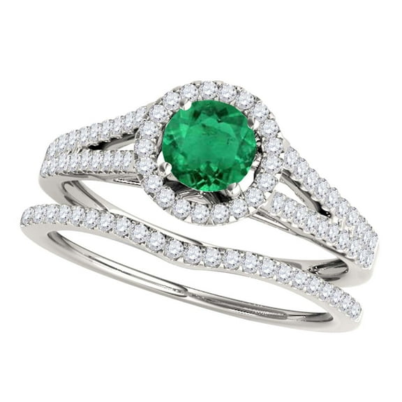 Mauli Jewels 1.25 Carat Halo Split Shank Emerald And Diamond Engagement Rings for Women, 4 Prong 14k White Gold Ring Set Gifts for Her