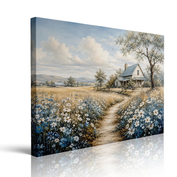 Farmhouse Landscape Framed Canvas Wall Art, Wildflower Meadow Country Cottage Painting, Rustic Countryside Nature Print for Living Room, Bedroom, Kitchen, Bathroom, Office Decor