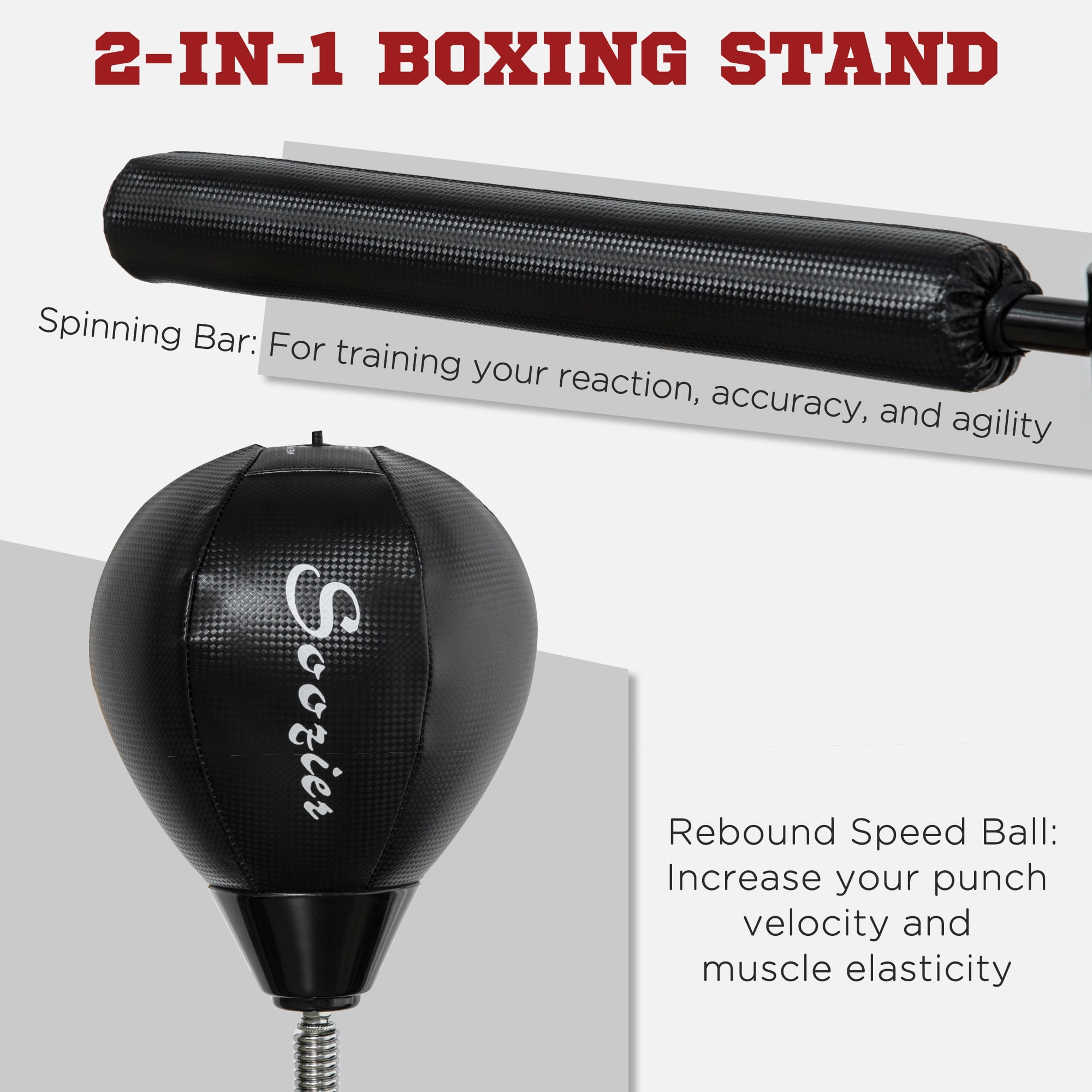 Soozier 5'4- 6'8 Speed Bag Boxing Bag Stand with Reaction Bar Challenge,  Reflex Bag Boxing Training Equipment, Speed Punching Bag, Black