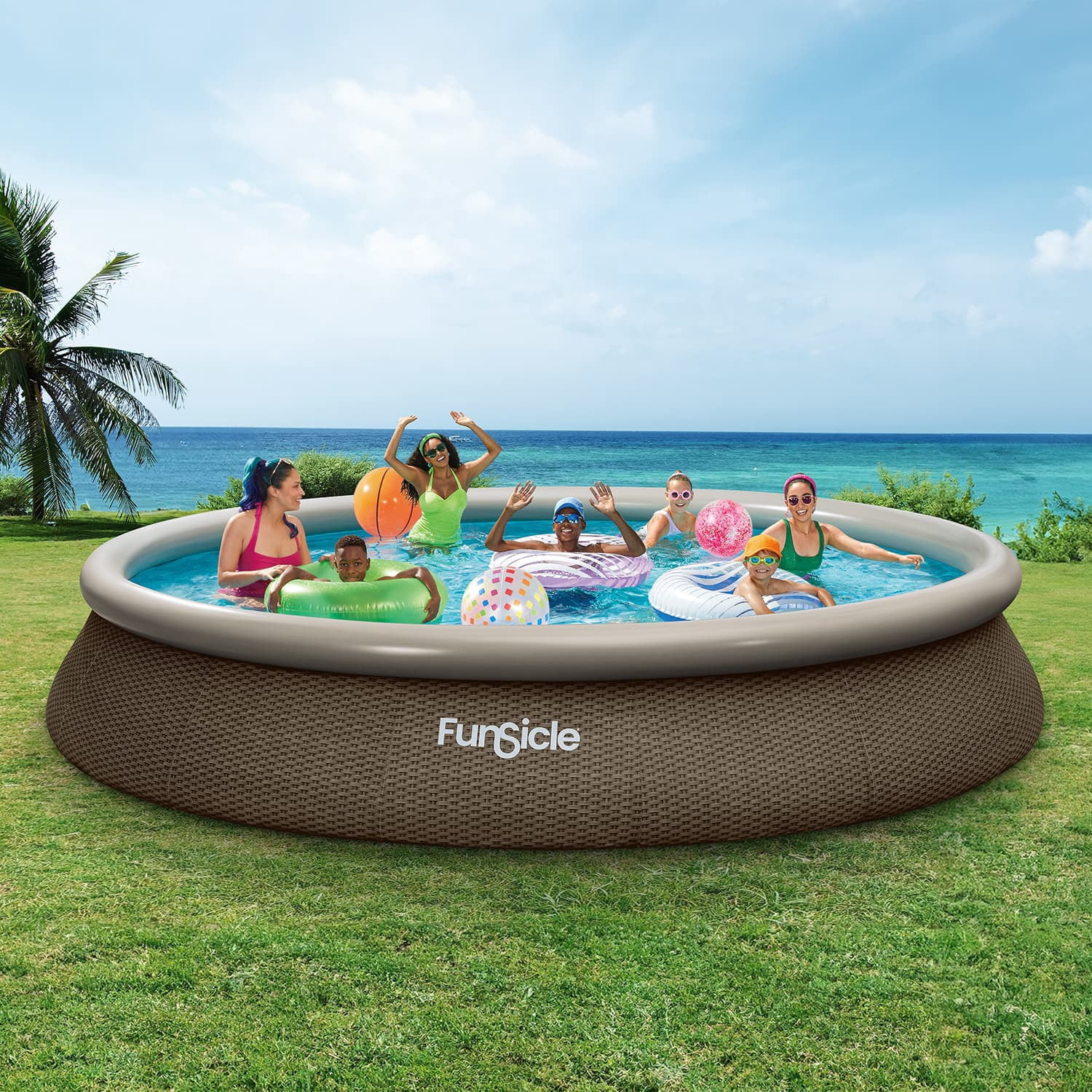 Funsicle QuickSet Designer Above Ground Swimming Pool Set – with RX600 Filter Pump, 15' x 33", Inflatable Top Ring, Round, Triple Basketweave