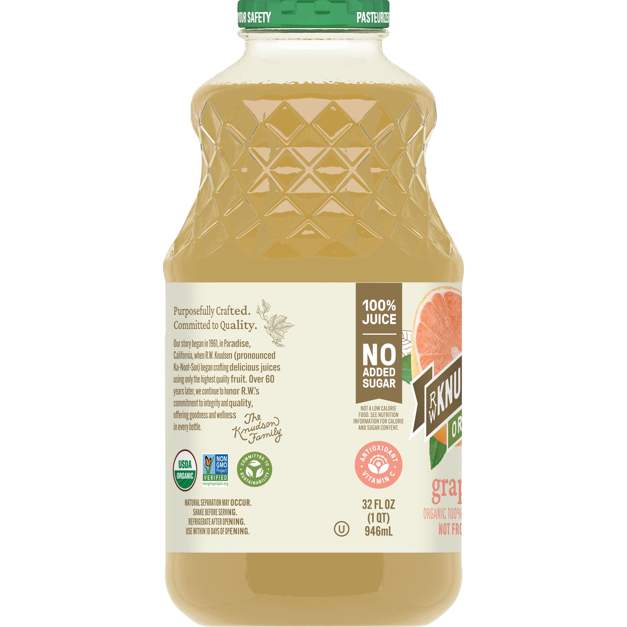 (2 pack) R.W. Knudsen Family Organic Grapefruit Juice, 32 oz, Glass Bottle, Shelf-Stable