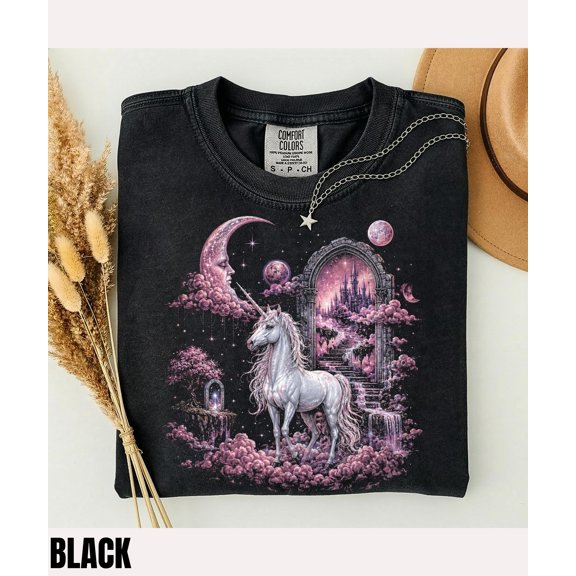 CLOTEX Vintage Fantasy Unicorn Graphic T-Shirt,Magical Moonlight Unicorn Tee,Whimsical Pegasus Shirt,Fantasy Lover Gift,Fairycore Aesthetic Shirt, Black S
