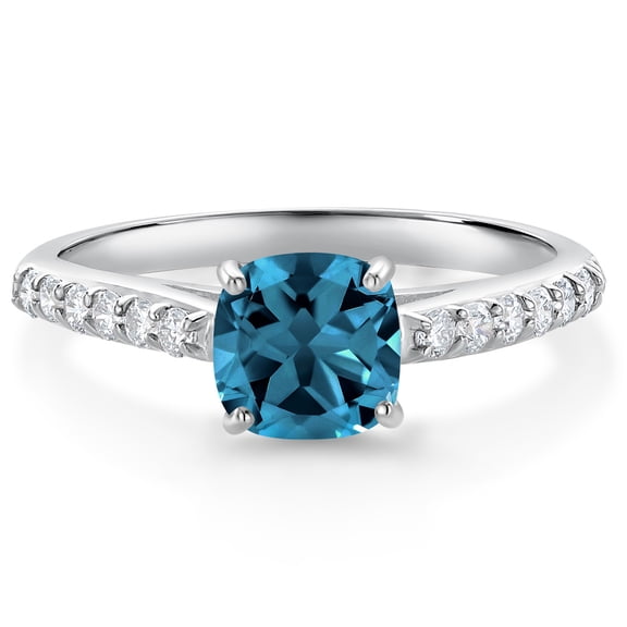Gem Stone King 10K White Gold London Blue Topaz and White Lab Grown Diamond Engagement Ring for Women (1.36 Cttw, Gemstone November Birthstone, Cushion 6MM, Size 5)