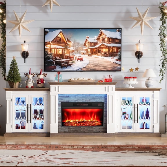 Holliwill 104" Fireplace TV Stand with 30" Electric Heater & LED Lights & Power Outlets, Modern Farmhouse Entertainment Center with Storage Cabinet for Living Room, Fireplace with Mantel, White Brown