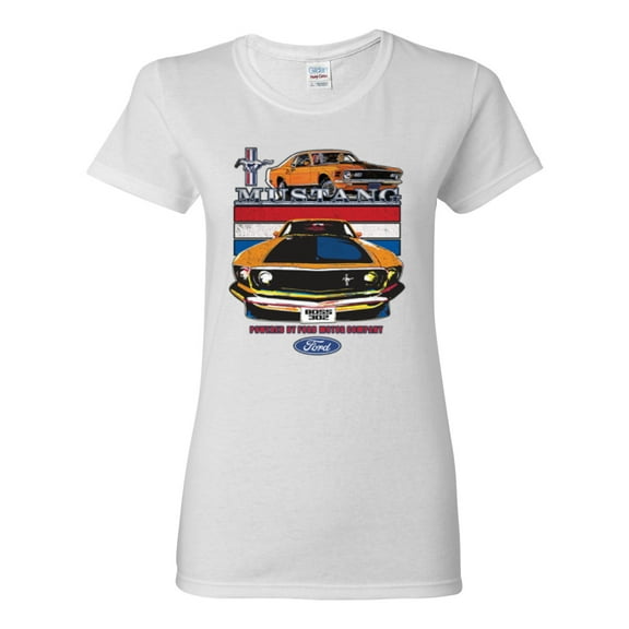 Wild Bobby Mustang Powered by Ford Performance Cars and Trucks Women Graphic Tee, White, Small