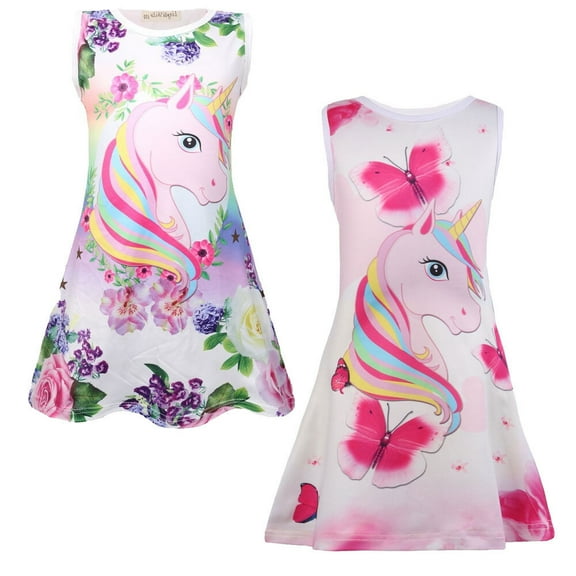 2 Pack Girls Unicorn Rainbow Dress, Sleeveless Christmas Birthday Party Gift Costume, 4-9 Year
