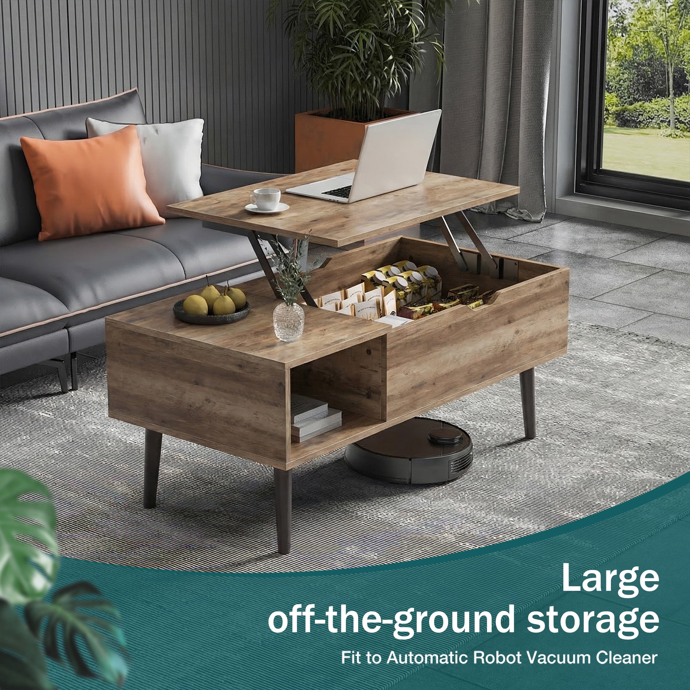 edx Adjustable Height Wooden Coffee Table with Hidden Compartments and Shelves - Perfect for Small Homes, Apartments, Reception Rooms, Wood Grain