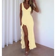 thumbnail image 5 of Deliqiba Women V Neck Sleeveless Mesh Ruffle Hem Bodycon Maxi Casual Backless High Slit Cocktail Party Dress Yellow S, 5 of 6