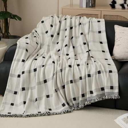 Fennco Styles Checkered Fringe Chenille Reversible Throw Blanket 50" W x 72" L - Black and White Plaid Woven Soft Blanket for Bed, Couch, Sofa, Home, Office and Holidays Décor