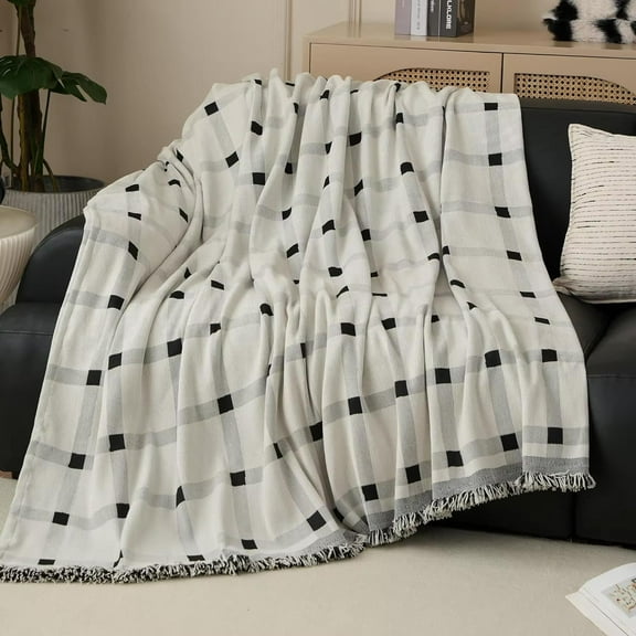 Fennco Styles Checkered Fringe Chenille Reversible Throw Blanket 50" W x 72" L - Black and White Plaid Woven Soft Blanket for Bed, Couch, Sofa, Home, Office and Holidays Décor