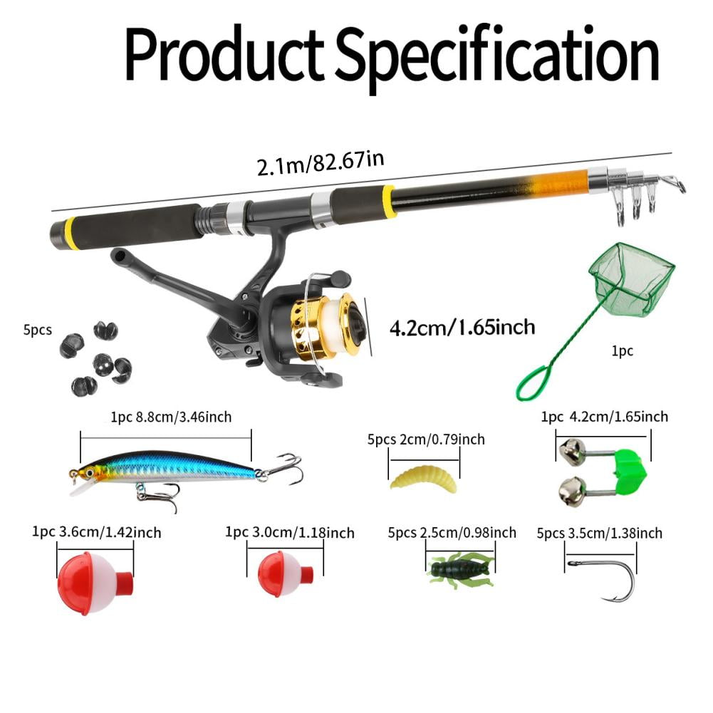 Complete Fishing Starter Kit with 2.1m Telescopic Rod Reel Lures Net and Carry Bag for Beginners