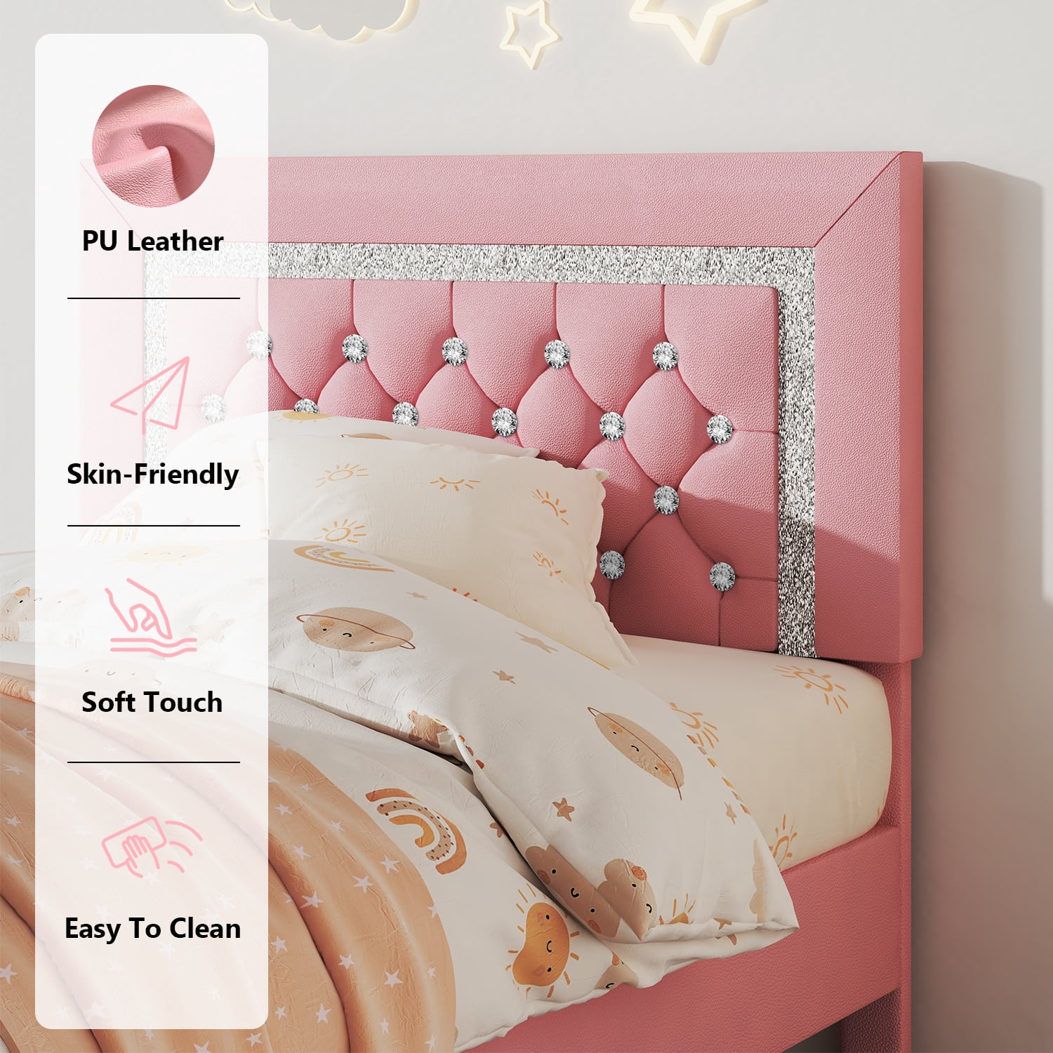 4 EVER WINNER Twin Bed Frame, Upholstered Platform Bed Frame with Headboard and Footboard, Twin Size Bed Frame, Diamond Headboard and Footboard Design, Pink
