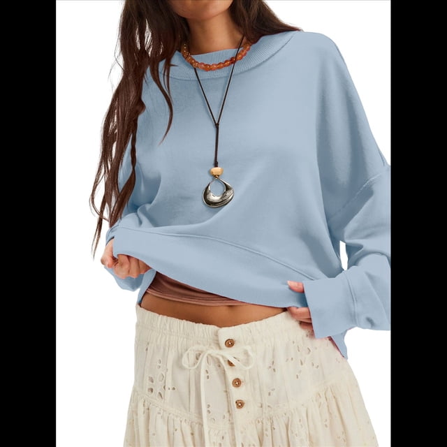 Sudaderas para Mujer, Suéteres de Cuello Redondo de Gran Tamaño, Blusas de Larga, Ropa de Otoño Invierno 2025 Azul S