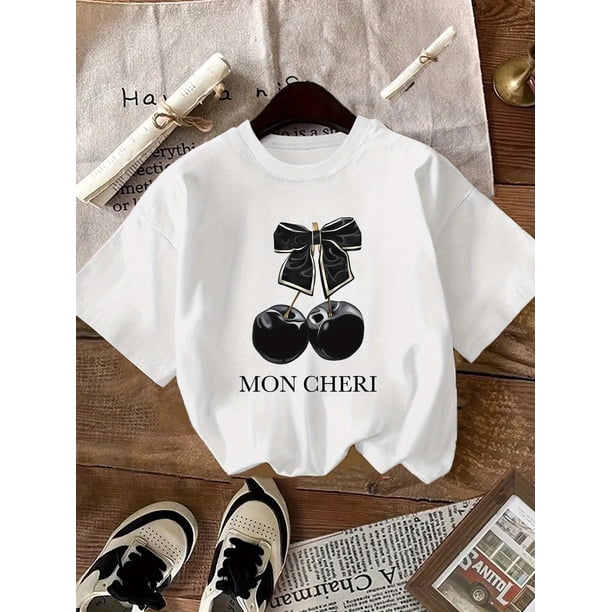 Girls' Summer Cherry Blossom Graphic Tee - Casual Red Crew Neck T-Shirt with Black Bow Detail, Polyester Knit, Non-Transparent, Perfect for Playtime & Outings, Outings Attire|Cherry Graphic Tee|Stret