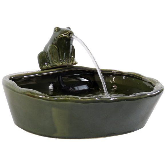 Sunnydaze Outdoor Solar Powered Ceramic Spitting Frog Water Fountain with Submersible Pump - 7" - Green