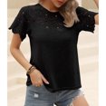 thumbnail image 3 of Mujer Manga Corta Cuello Redondo Encaje Transpirable Cómodo Top De Color Puro De Moda para Ir De Compras Fiesta Viaje Negro L, 3 of 8