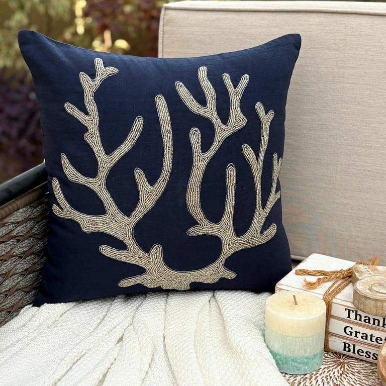 Navy Blue Throw Pillow Cover Couch, Beaded Corals Ocean Beach