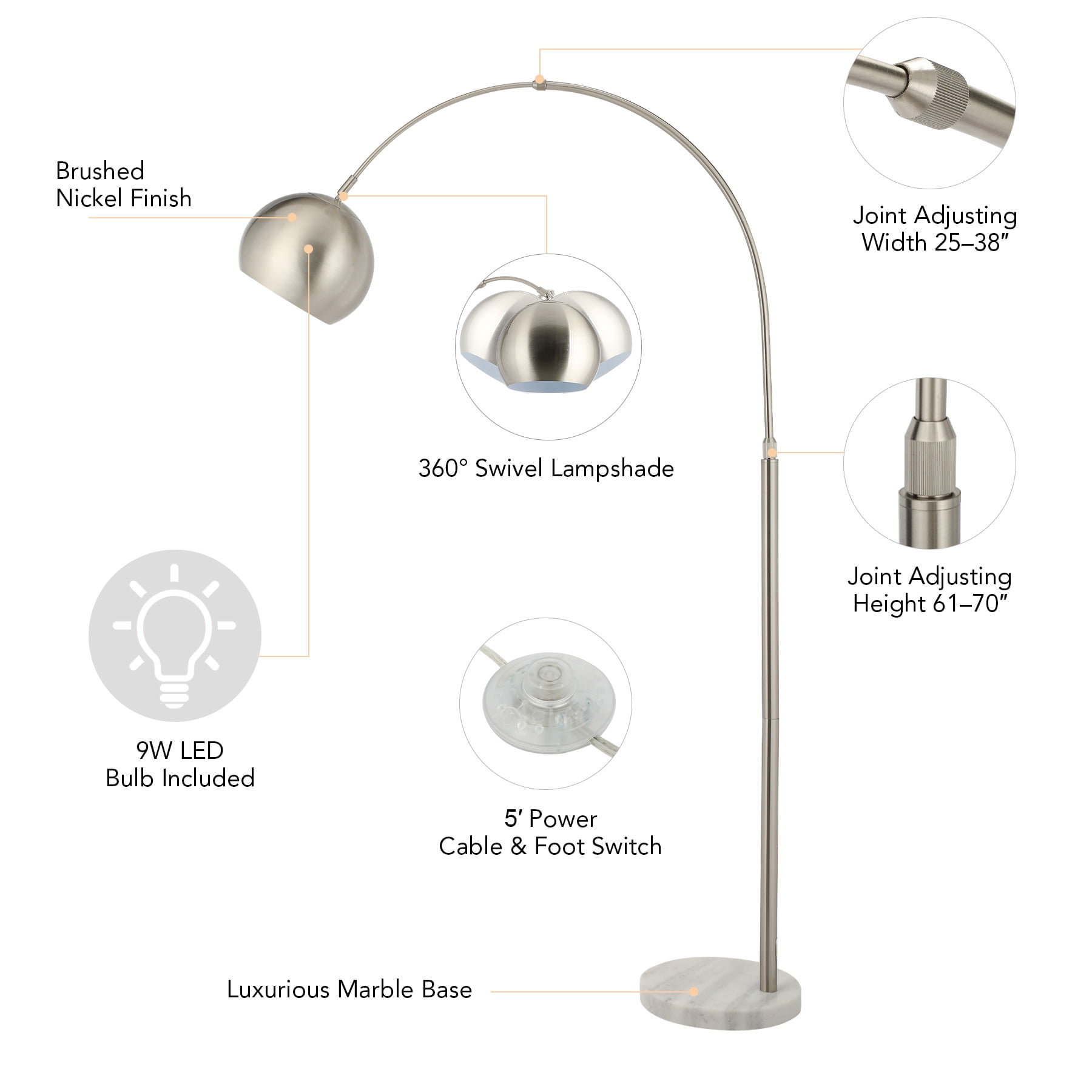 Bestco 70" Modern Arching Floor Lamp Arc Standing Lamp with Rotatable Lamp Shade