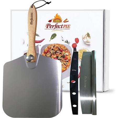 

THE PERFECT PIE Premium Pizza Peel 12 x 14 Aluminum Pizza Paddle with Foldable Handle for Storage and 14” Rocker Cutter with Protective Cover. Gourmet Spatula and Cutter Set for Homemade Pizza.
