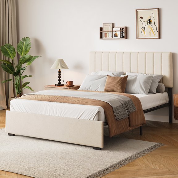 COFUNOK Queen Platform Bed Frame, Velvet Upholstered Adjustable Headboard, No Box Spring Needed, Easy Assembly, Off-white