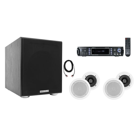 Rockville Home Theater Bluetooth Receiver 4) 5.25" White In-Ceiling Speakers Sub