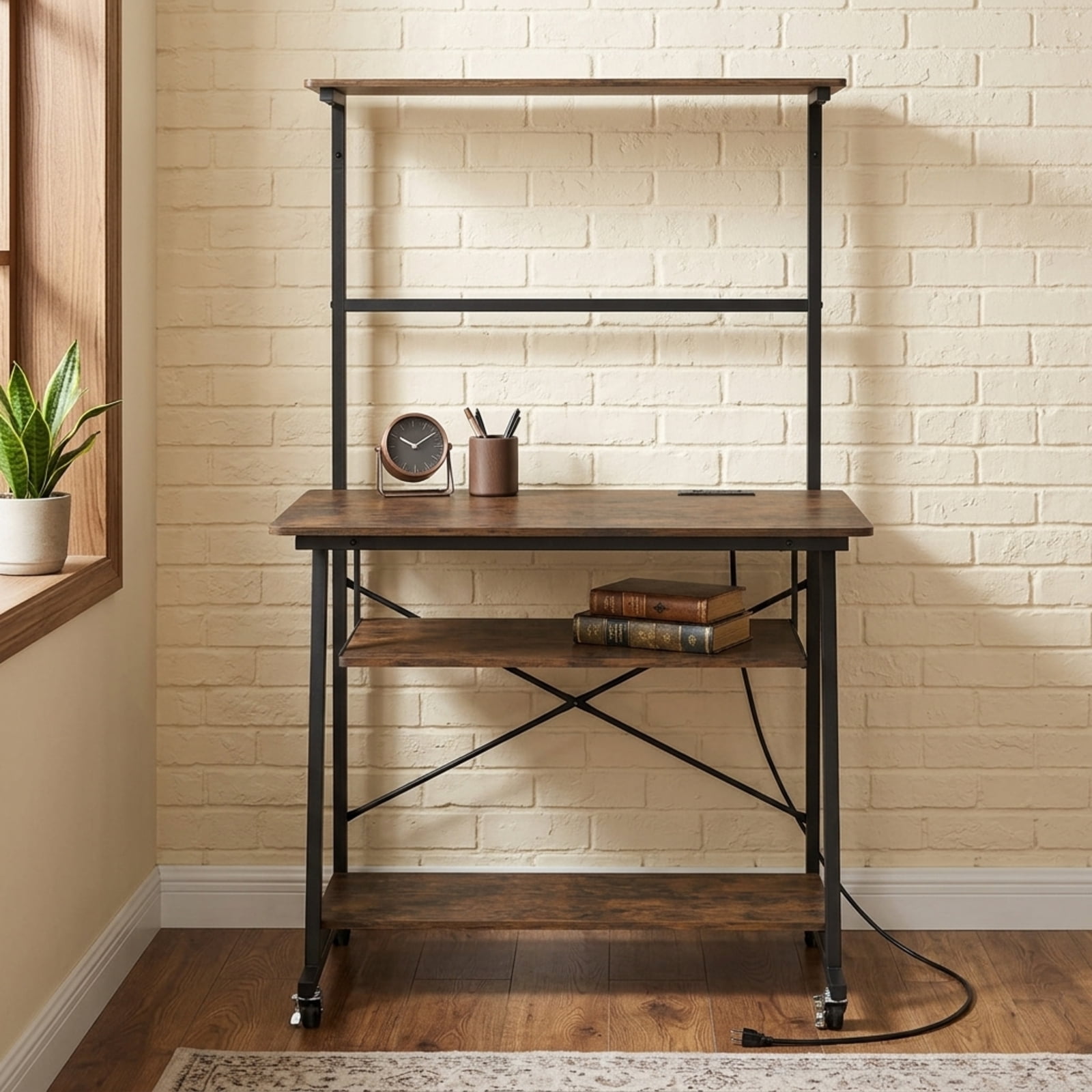 Furnibear Small Computer Desk with Charging Station, Rolling Home Office Desk with LED Lights and 4-Tier Storage for Bedroom Dorm, Rustic Brown
