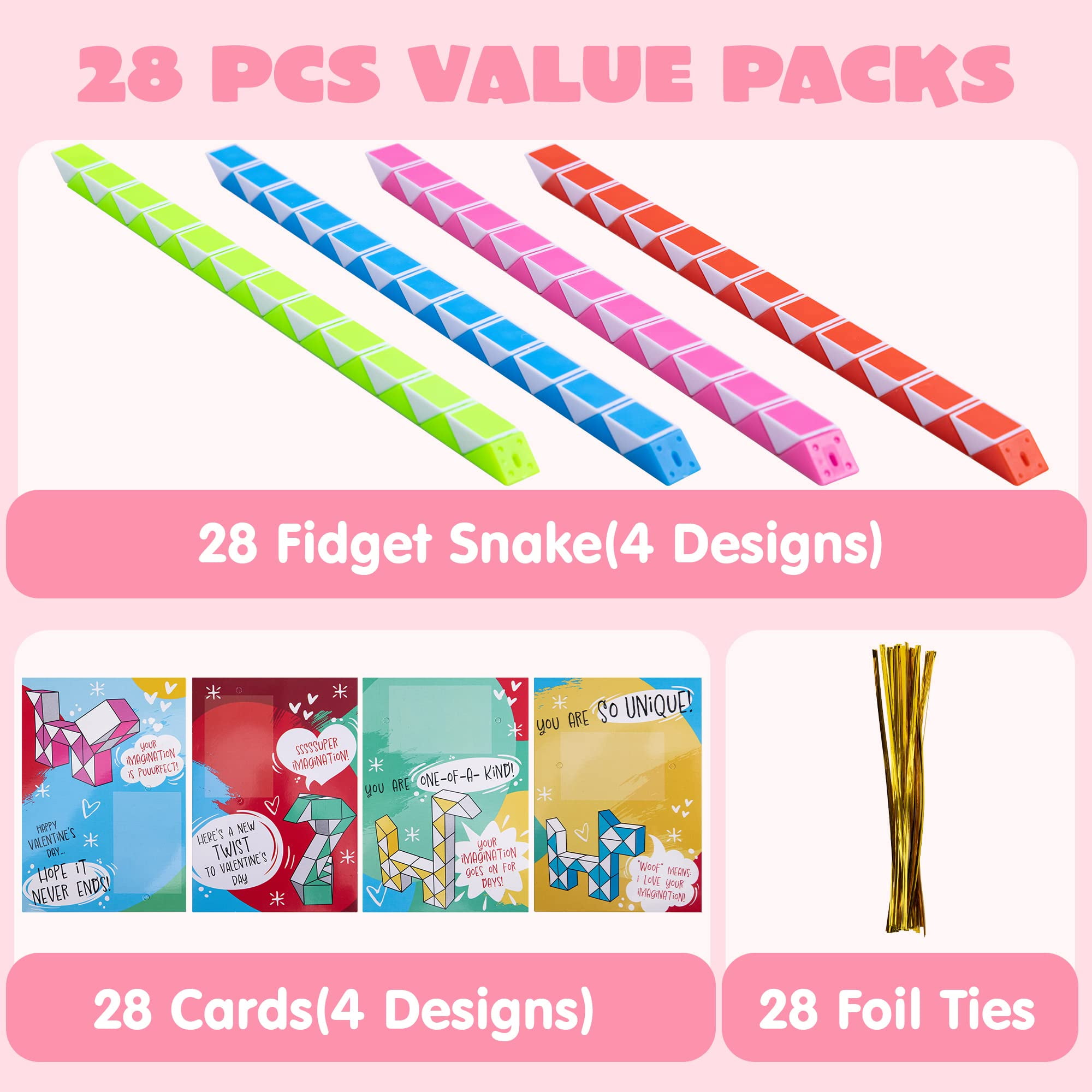 Joyfy 28 Packs Valentine's Day Cards with Fidget Cube Snake Cube Twist Puzzles Toys for Kids Valentine Class Exchange Cards