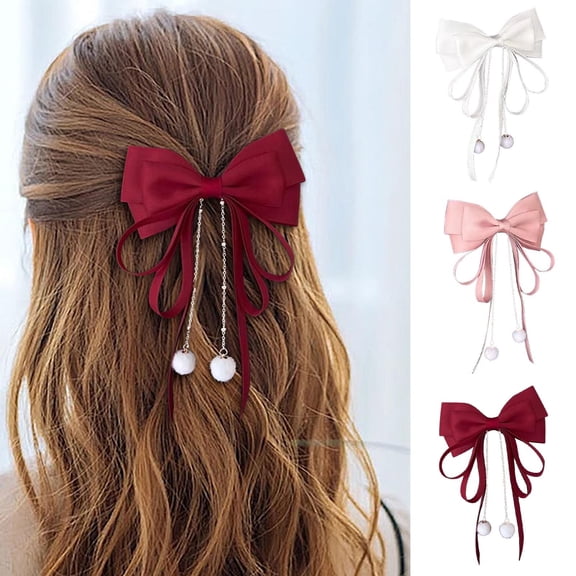 UNLLLL Tassel Ball Ribbon Bow Hair Clip, Sweet Fairy Hairpin for Ponytail and Half Updo, Cute Hair Accessory for Women and Girls, for Everyday and Party Wear (Pink)
