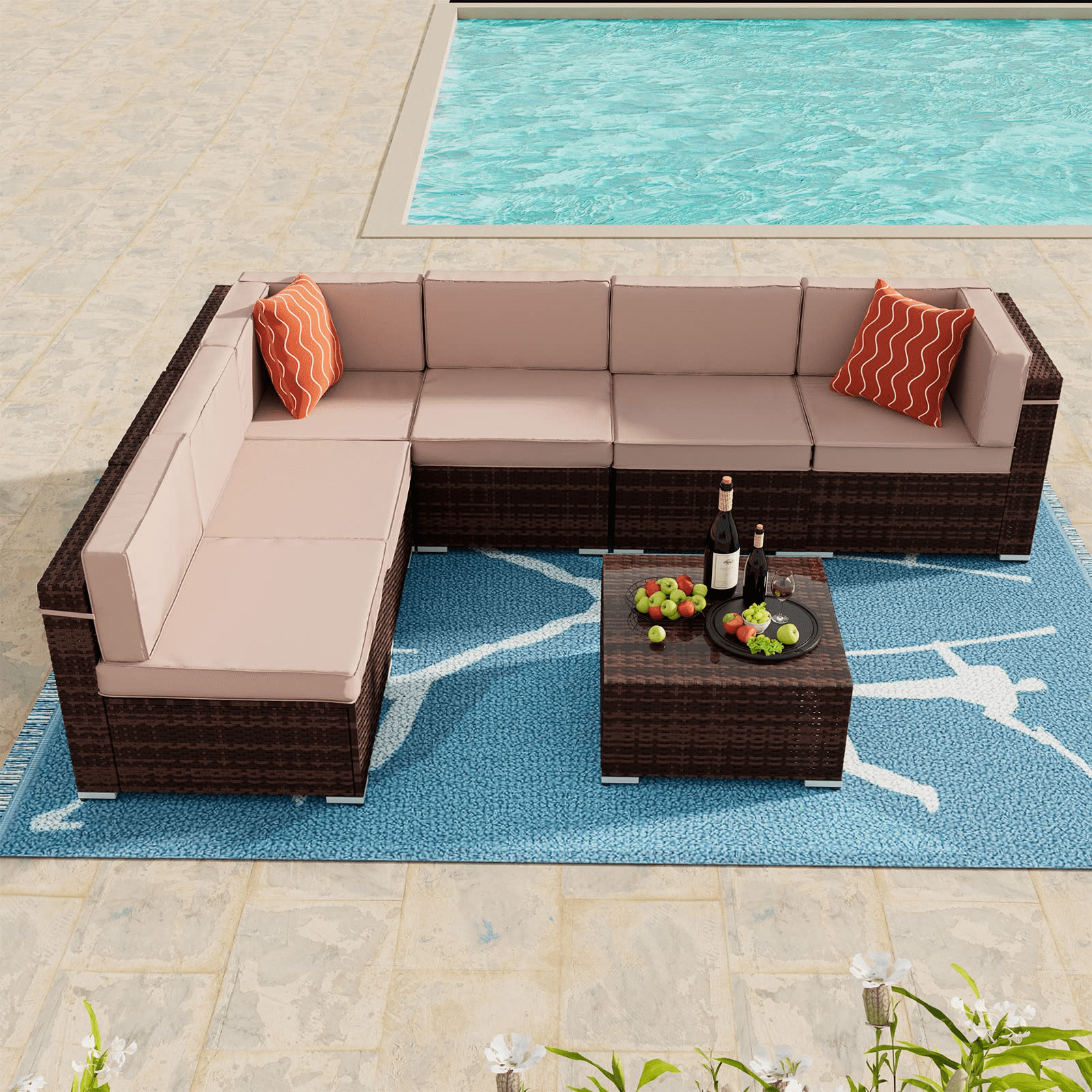 Amopatio 7 Pieces Patio Conversation Set, Outdoor Sectional PE Rattan Wicker Furniture Seat,Beige