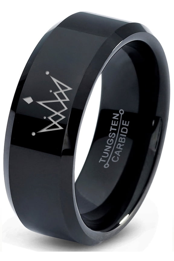 Tungsten Crown Royalty King Queen Diamond Circle Band Ring 8mm Men Women Comfort Fit Black Beveled Edge Polished